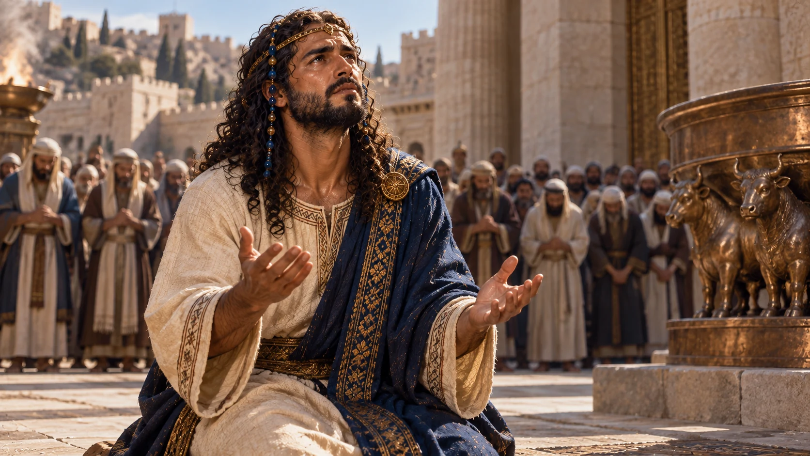Close emotional builderSolomon kneeling in prayer, bothhandsopen, crowdinsoftbackground. Natural skin textureandtearshine, no glowing heartsymbol, no deityface.