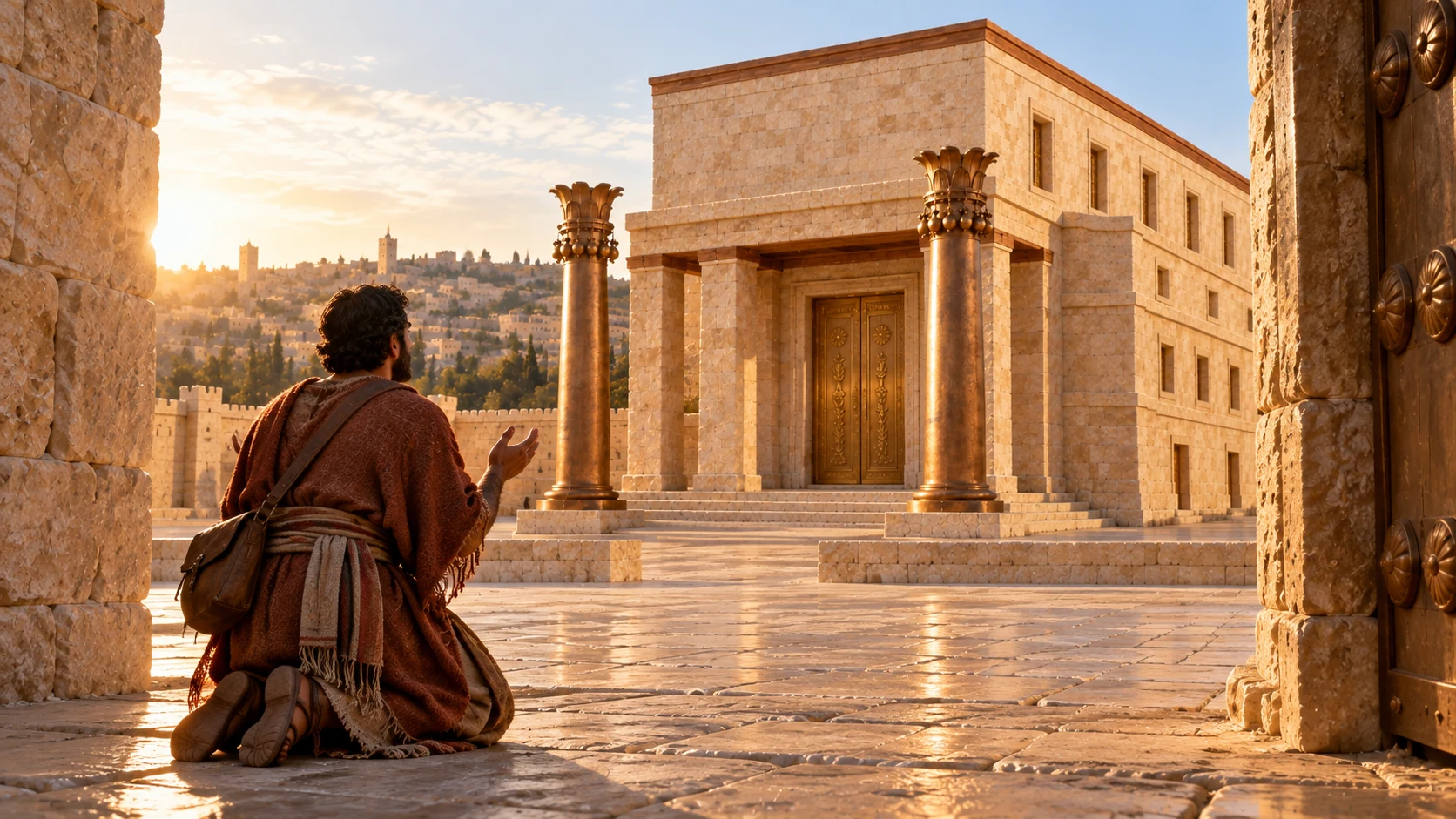 Illustrative possible circumstance: uncrowned foreigntraveler withdarkolivecomplexion, rust wool mantle, fadedstripedsash andleathersatchel kneels reverently outside templecourteastgate facingcanonicaltemple. AncientLevantvisitor, no namedking, noSolomon. Warmwelcominglight.