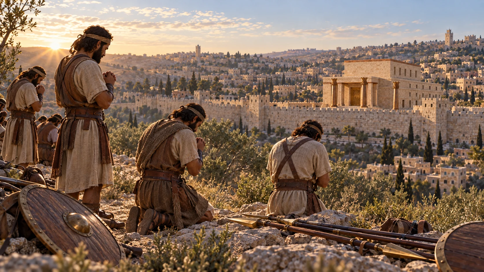 Illustrative ancientIsraelite soldiersonhillpath pauseinprayer facingJerusalemcityandcanonicaltemple distant, woodshields bronzespears laidnearby safely, leather linenclothing, earlymorninglight. No combat noworSolomon.