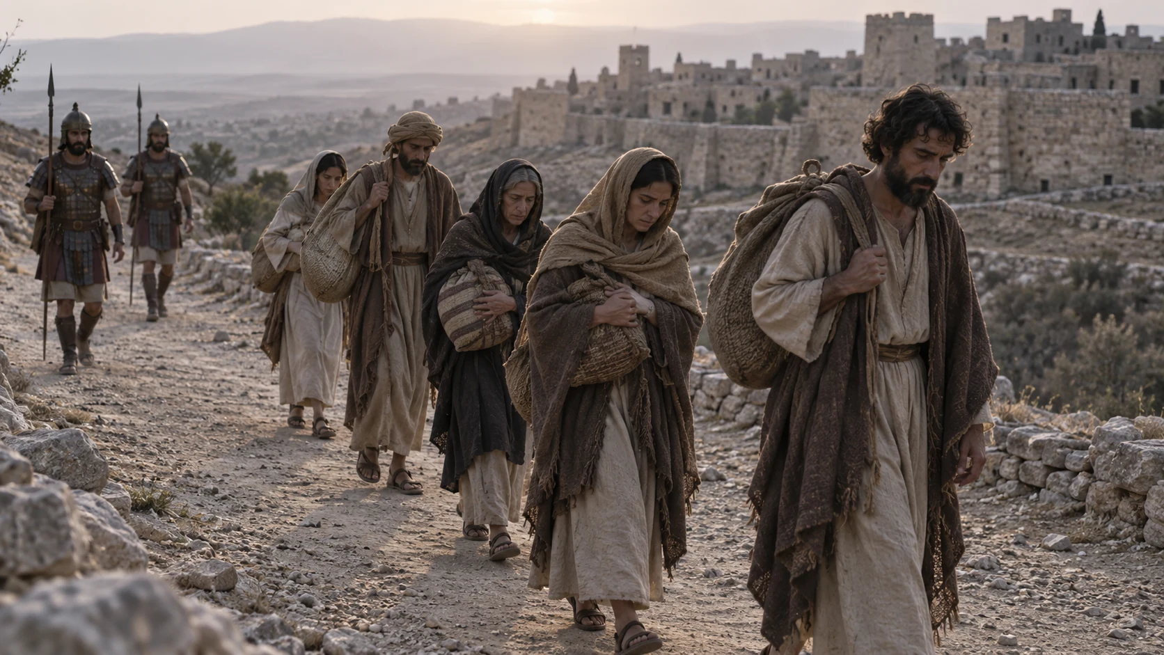 Illustrative futurepossibility inprayer: ancientIsraelite families inwornlinen ledalongdustyforeignroad byancientarmedguards, somesimplehandropes, distantforeignlowstonearchitecture, somberdesaturateddawn. No Babylonian-specificidentifiedking, no currentJerusalemdestruction, noSolomon.