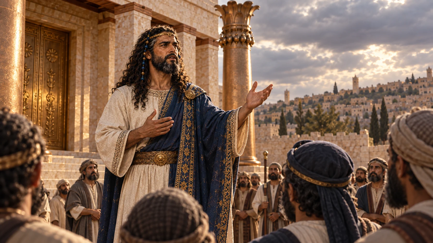 Medium portrait builder Solomon speaking solemnly to assembly, templecourt overcast reflectedgoldlight. He speaks remembrance; deceased David is not present.