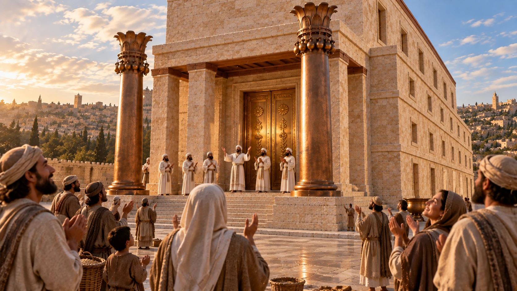 Linen-robed priestsstand atcanonicaltemplethreshold, faithfulordinaryworshipers incourt expressquietjoy, golddoorwarmreflections, two bronze pillars. No Arkoutsidethehouse, no king orvisibledeity. Partofprayer's hopedblessing.