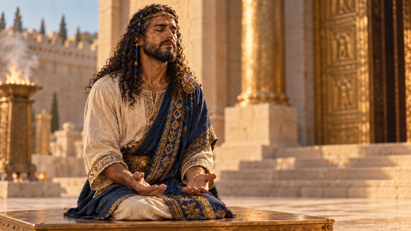 Intimate closing portrait builder Solomon kneeling, openhands loweredgentle atwaist, eyesclosed reverentprayerface, softwarmtemplecourtbokeh, creamlinenthin goldcircletbluegoldgarmentexactidentity. No deceasedDavid.