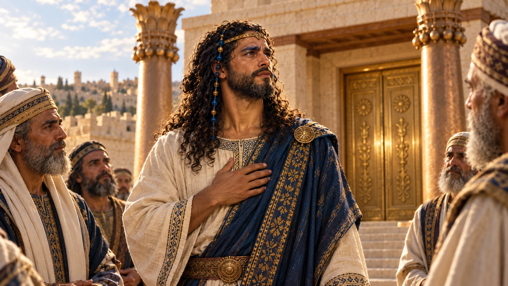 Intimate builder Solomon hand resting near heart while recalling father, attentive elders edgeframe. Golden templedoor background. No deceased David or apparition.