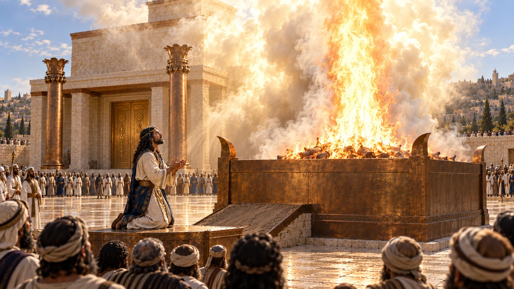 Wide extraordinary dedication moment: brilliant real-looking column of fire descends from sky onto burnt offerings on massive square bronzealtar; whitegold cloud fillscanonical temple behind. BuilderSolomon kneelingonmodestbronzeplatform atside, crowdawestrucksafe distance. No humanfirevictims or humanoiddeity.