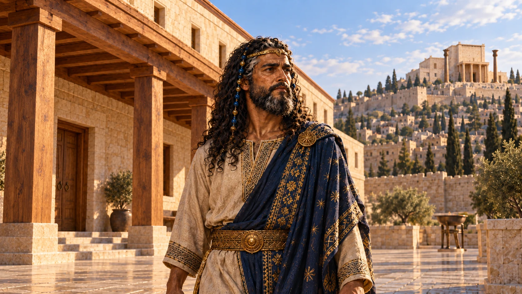 MatureTHIRD age-sheetSolomon walks throughroyalpalacecourtyardwithcedarcolumns, canonicaltemple visible onhigherhill, distinctpalacelimestonearchitecture modestIronAge notRoman. Midreignyearsafterdedication,thirdfigurebeardgraying, accomplishedreflection.