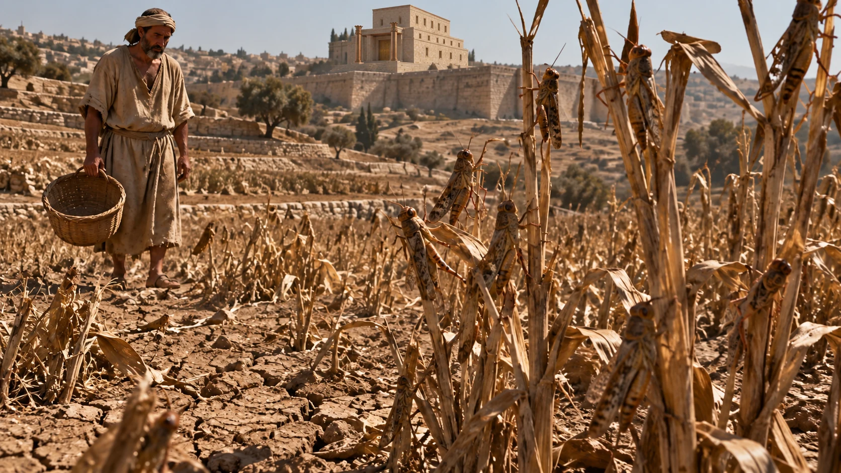 Illustrationof conditionalwarning: parched ancientterraces withrealisticlocusts onwitheredstalks, ordinaryfarmerholdingemptybasket distant. Dry mutedochre harshlight, no namedkingorclaimallafflictionsatonce.