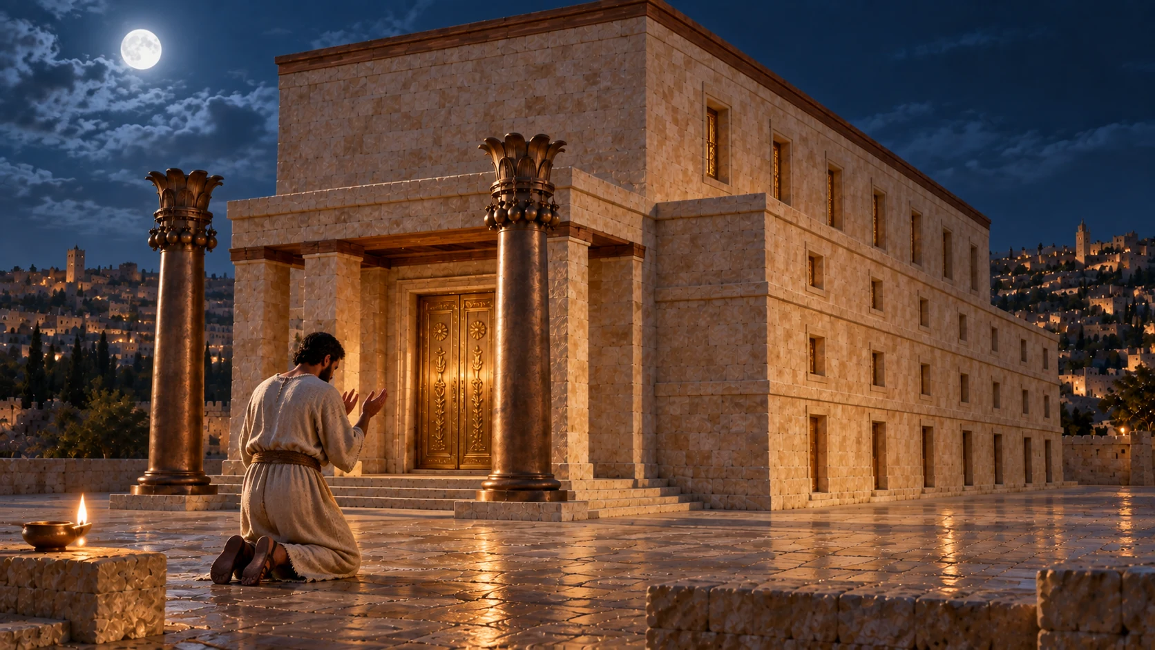 Quiet nightcanonicaltemplecourtyard, solitaryordinaryworshiper inundyedlinen kneels towardclosedgolden doorway, moonblue andoil lampwarm. Illustratespromisedprayeraccess,no visibledeityorSolomon.