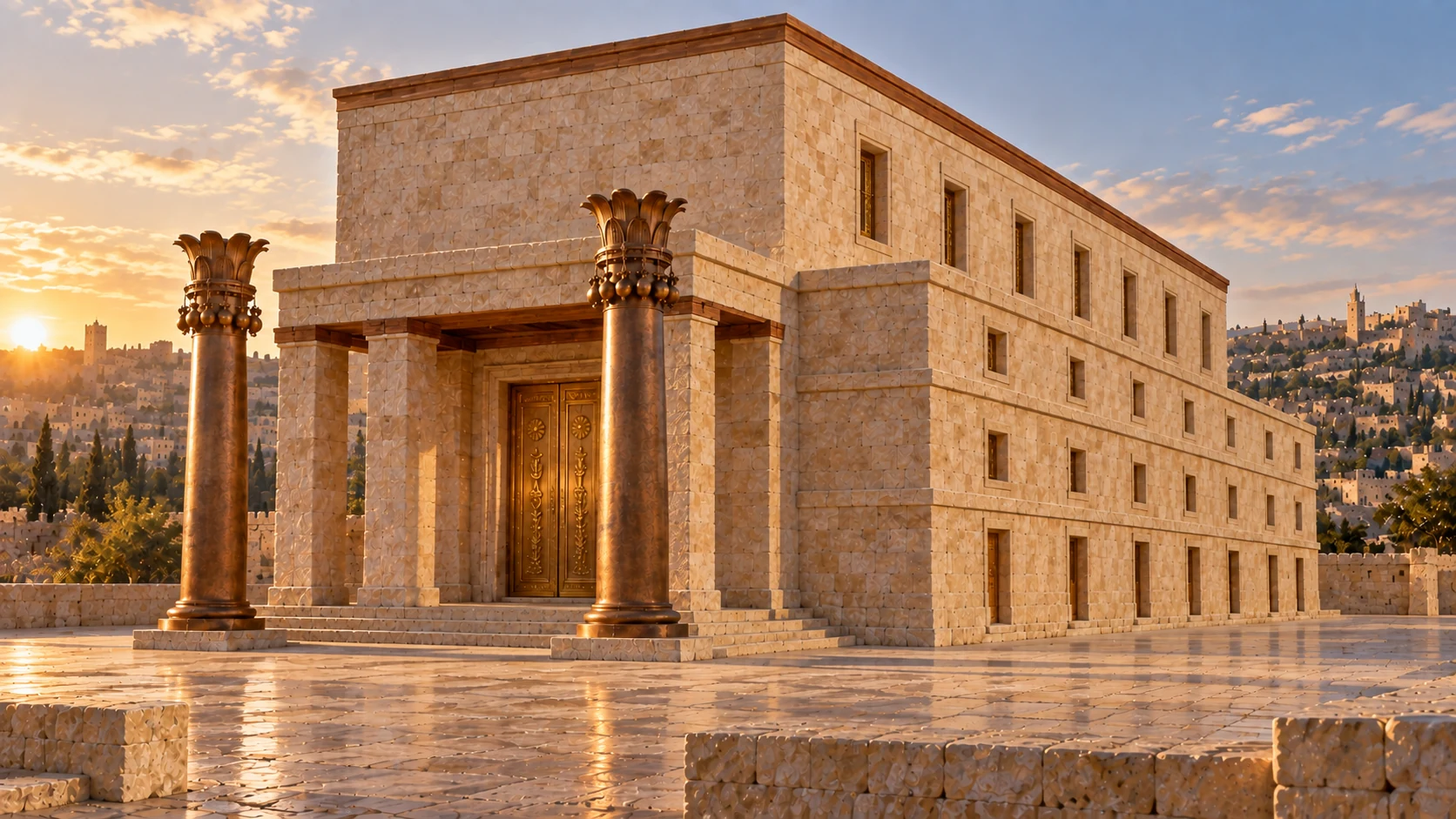 Canonicalcompletedtemple wideatdawn, emptycourt limestonegoldbronzepillars warmlightandterracedJerusalem beyond. Nohuman deityorlabel, stillsolemnconsecratedbuilding, not burning.