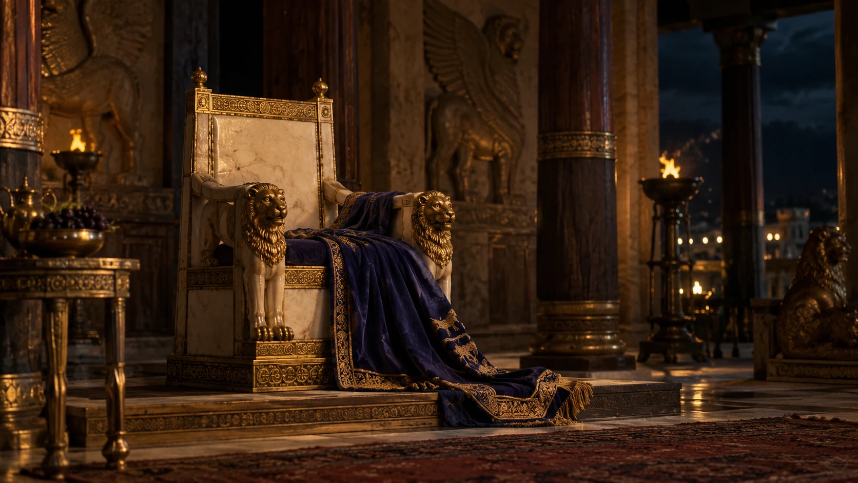 Quietpalace throne-roomstilllife atnight: modestgoldandivoryroyalseat withsculptedlionarmrests, woolroyalmantle draped, no occupants, symbolicpromisedcontinuity, no readabletext. Ancientcedarlimestone notmedieval.