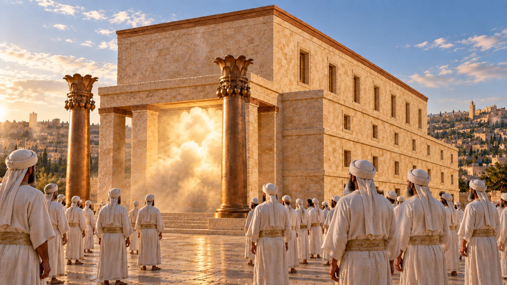 Linenclad priestsstand haltedbelowgoldentemple doorway filledwith dense glowingcloud. Two massivebronzepillaredges, coherent ancienttemple. No king, no fire onpeople.