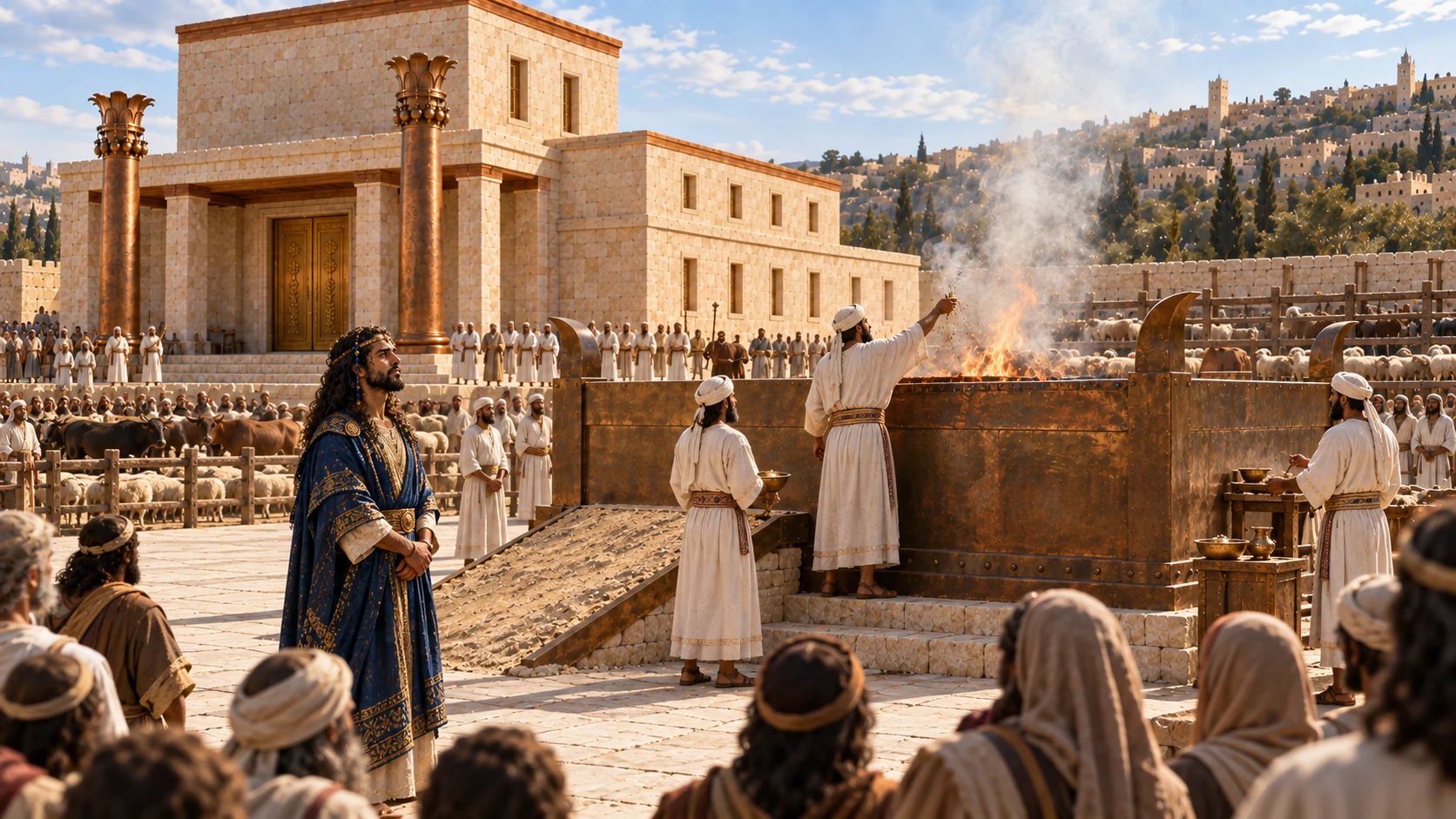 BuilderSolomon stands reverent beforehuge squarebronzealtar, priestsattend modestactualburntofferings, abundant sheeppens andcattle beyond stonecourtboundary, crowdstandingwide. No exactcountclaim,no graphicalslaughter. Canonicaltemple.