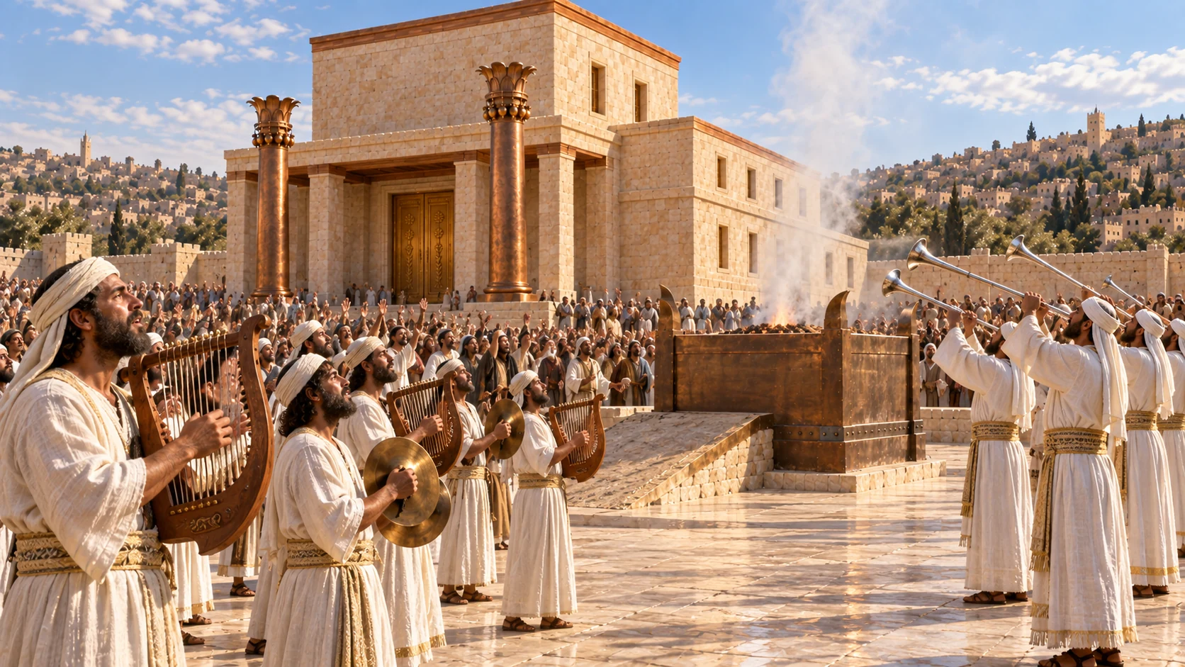 Musicfocused templecourt linencladLevites playancientwoodlyres harps cymbals leftforeground, priestsoppositesoundstraightmetaltrumpets, allIsraelstanding behind. NoSolomonorDavidportrait. Canonicaltempleandbronzealtar background.