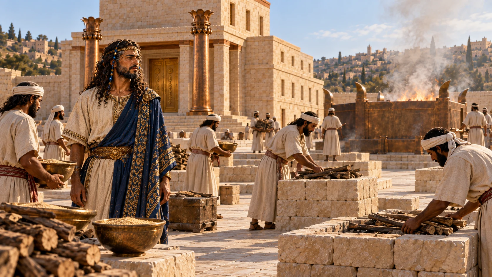 BuilderSolomon oversees priests preparingadditional modestburntoffering hearths inopenmiddlelimestonecourt; massivebronzealtaralreadybusy distant. Grainofferingbowls andwood ready, no animalsgraphic harm. Canonicaltemple. Platformnotusedasaltar.