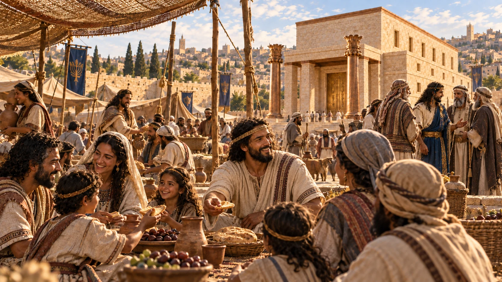 AncientJerusalem festivalcamp outsidelimestonecity, diverseIsraelitefamilies sharebread dates andwaterbeneathwovenawnings, builderSolomon small identifiable figure talkswithelders atedge. Joyfulwide cinemastill, templedistant exactcanon.