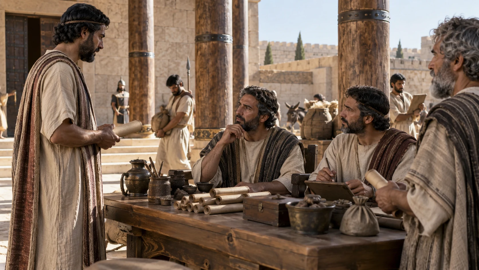 Royal deputies receive administrative reports in a cedar courtyard.