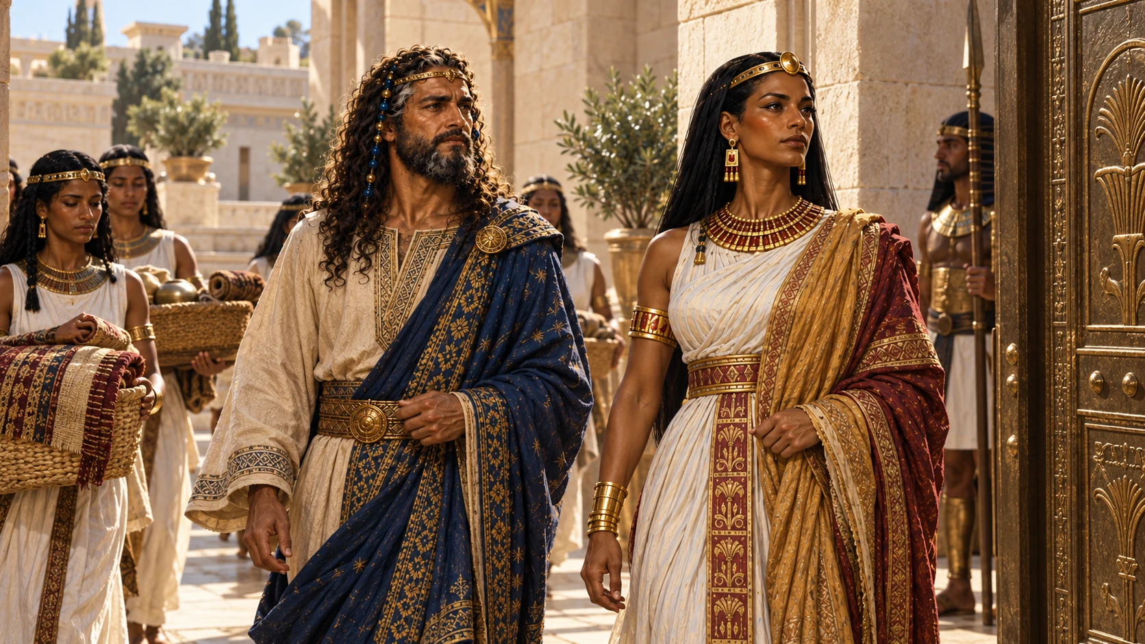 Pharaoh’s daughter enters her own residence, accompanied by Solomon and attendants.