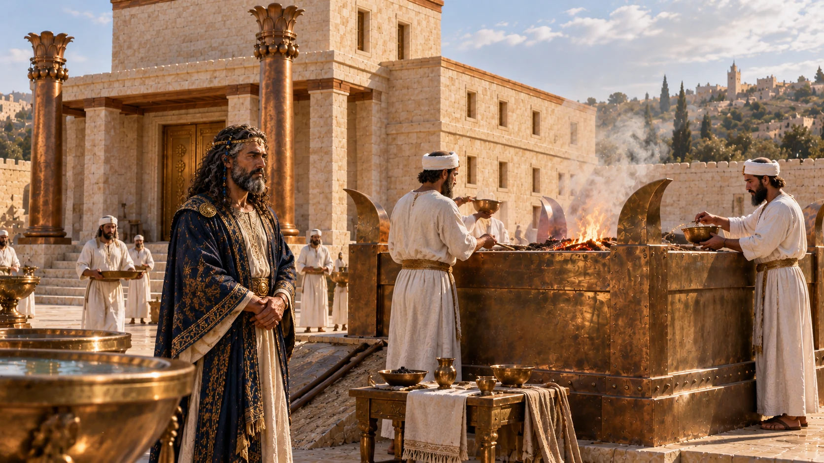Solomon stands beside the bronze altar as priests tend the offerings.