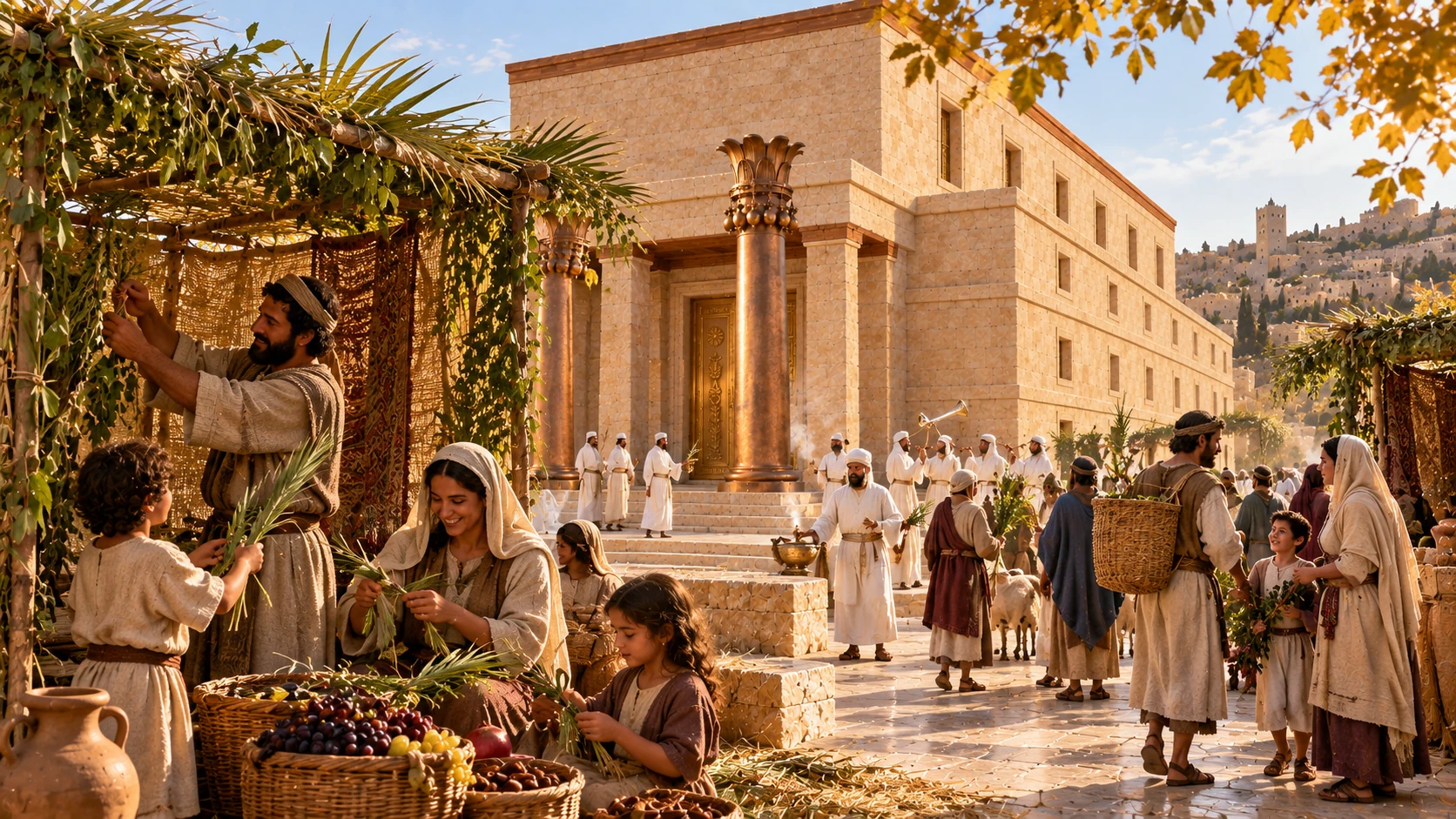 Leafy booths and gathered families illustrate one feast within the appointed cycle of worship.