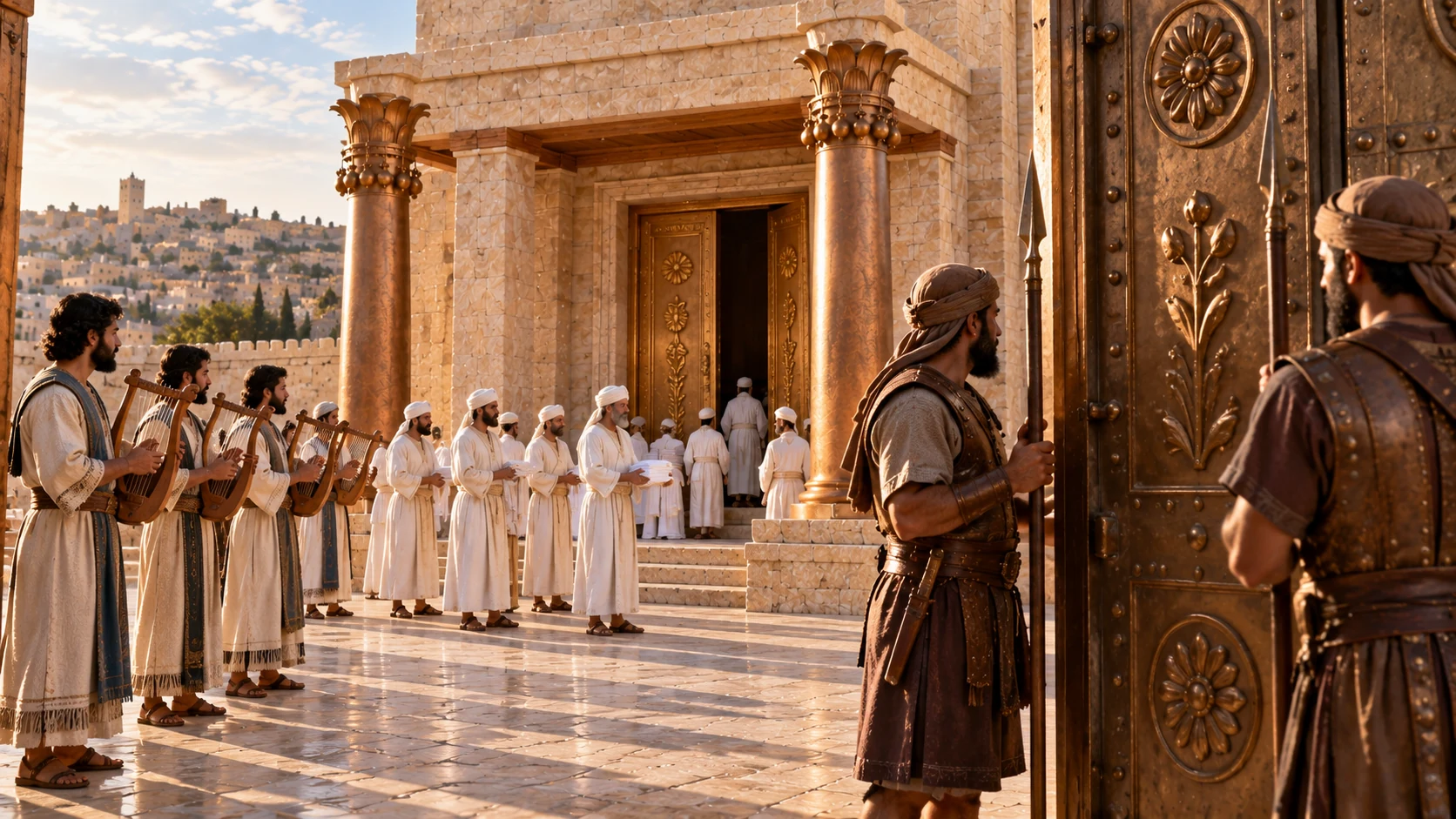 Priests, musicians, and gatekeepers carry out their distinct duties around the house.