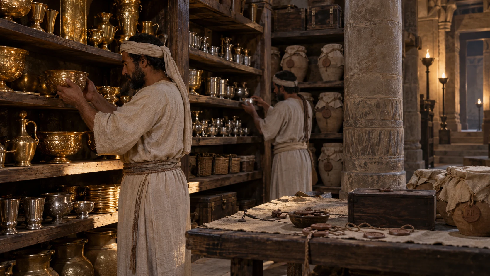 Treasury custodians arrange vessels and precious metal with care.