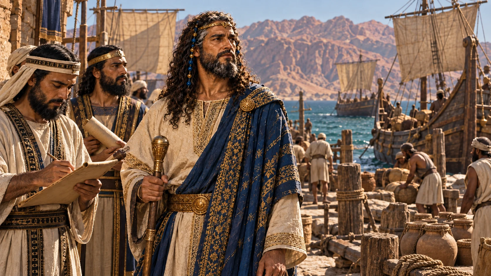 Solomon visits the Edomite seaport, where merchant ships lie beside a timber jetty.