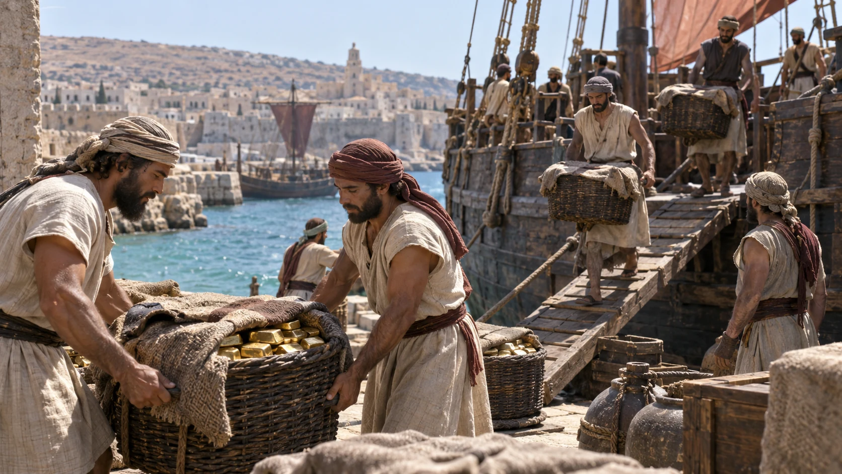 Sailors unload gold brought from Ophir at the arid seaport.