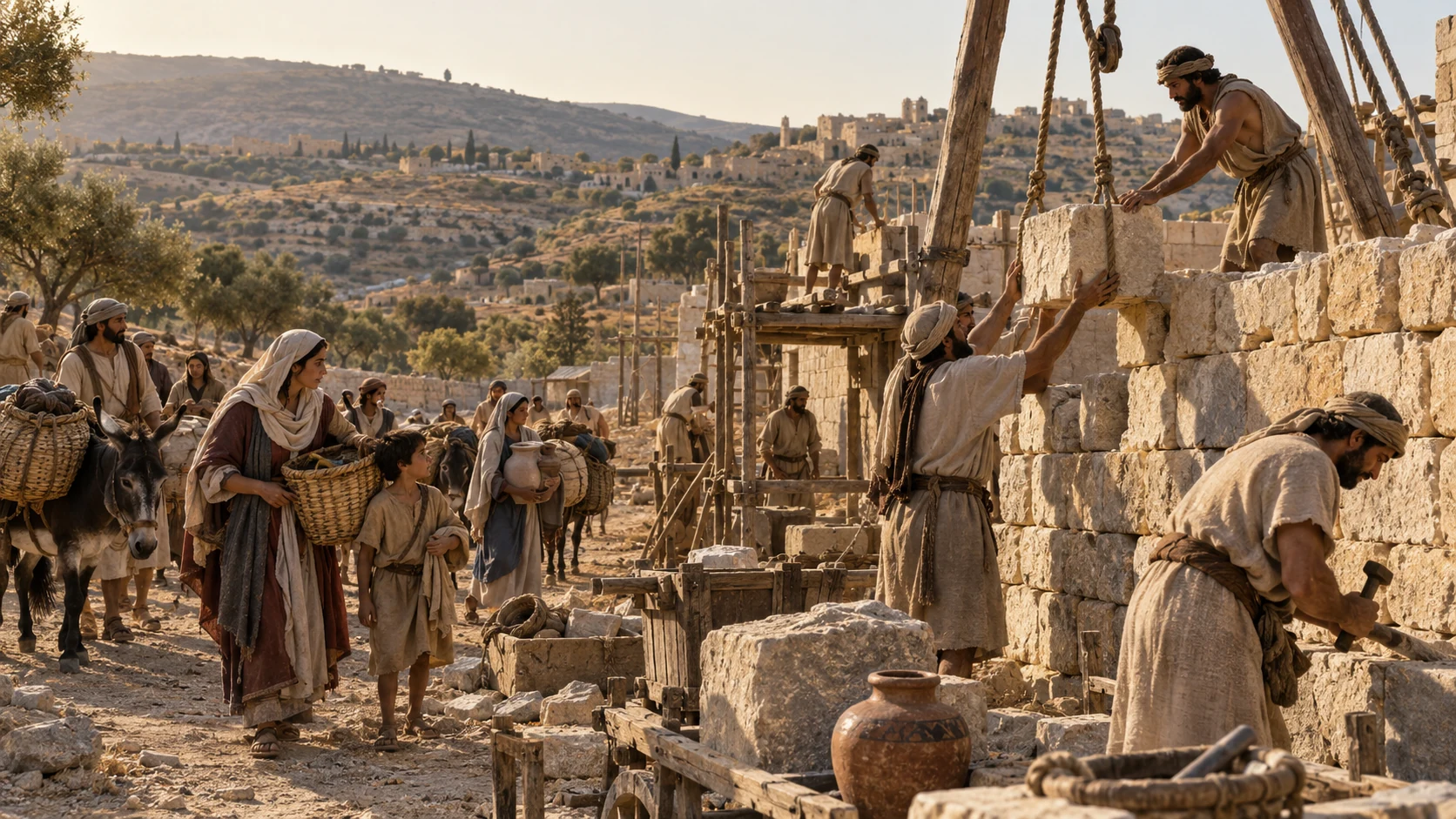 Masons rebuild a northern settlement as Israelite families arrive with their belongings.