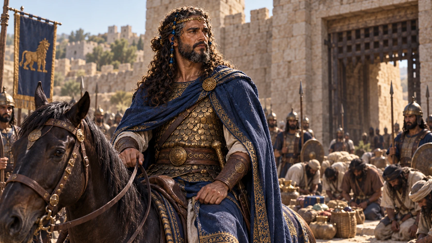 Solomon and his soldiers stand before the subdued town of Hamath-zobah.