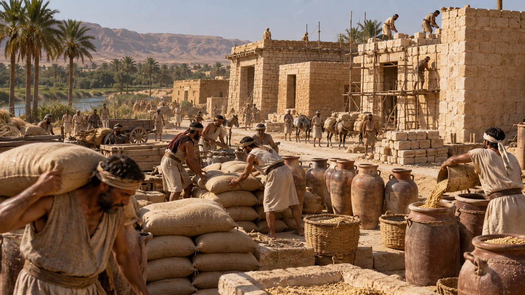 Workers build and provision storehouses beside a desert oasis.