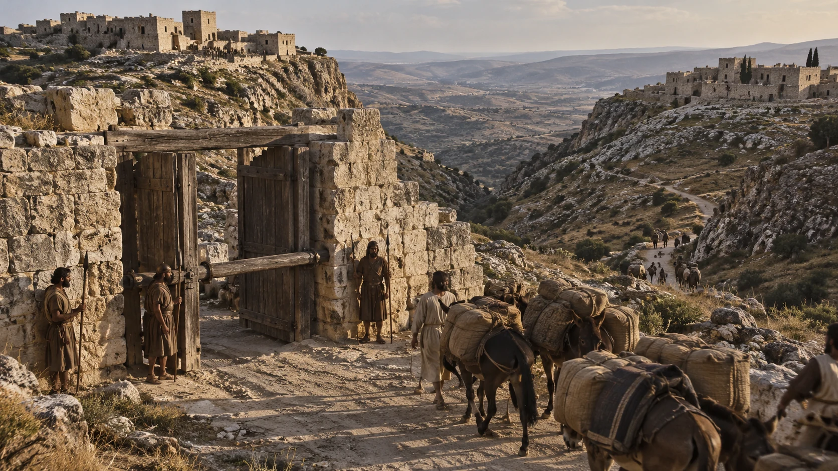 The two Beth-horons guard a steep hill pass with walls and barred gates.