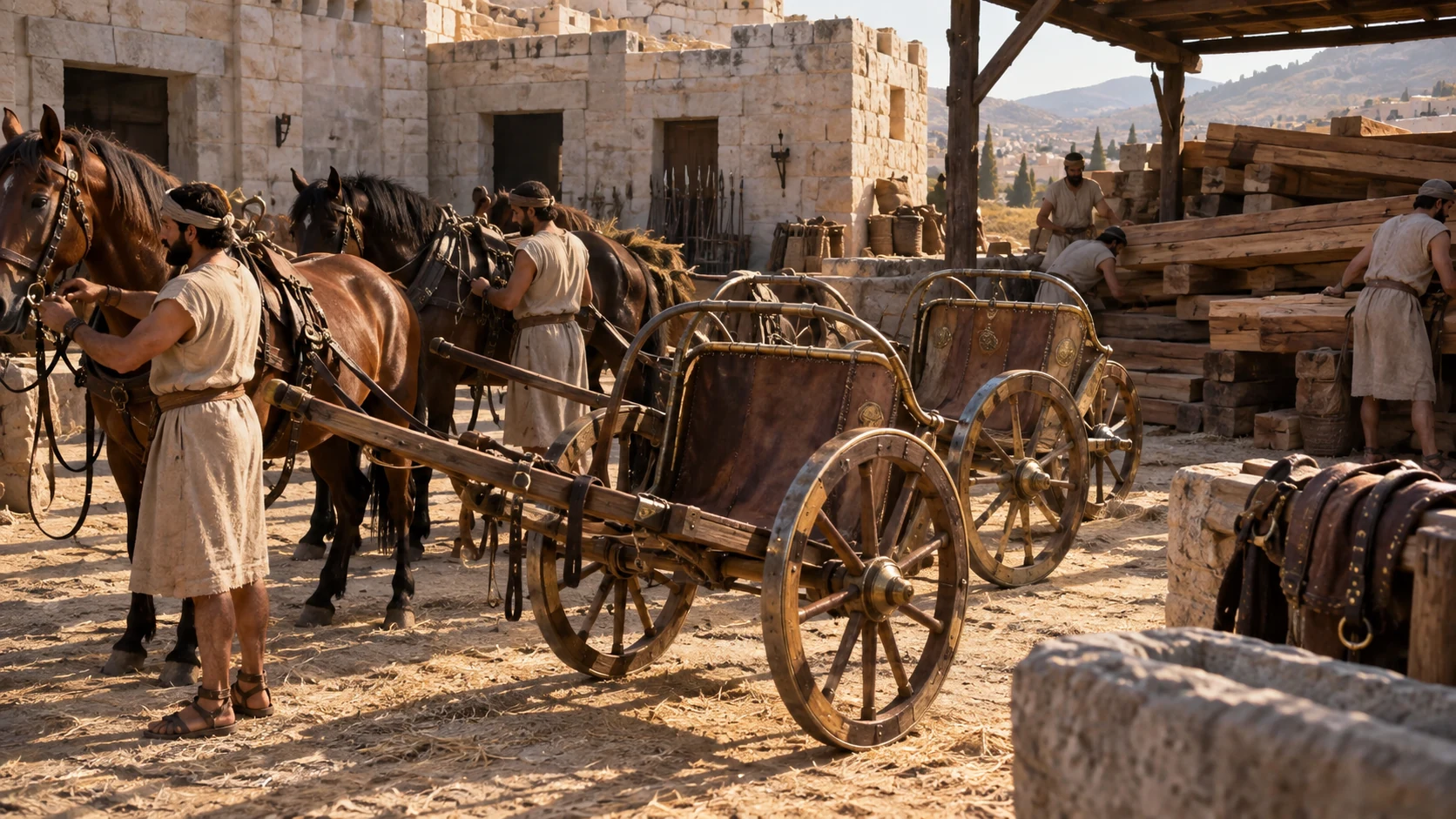 Horse keepers attend practical chariots beside royal storehouses.