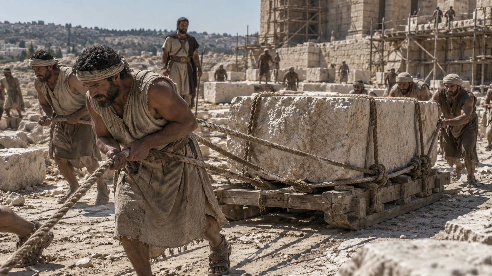Conscripted workers haul heavy stone under an overseer’s supervision.
