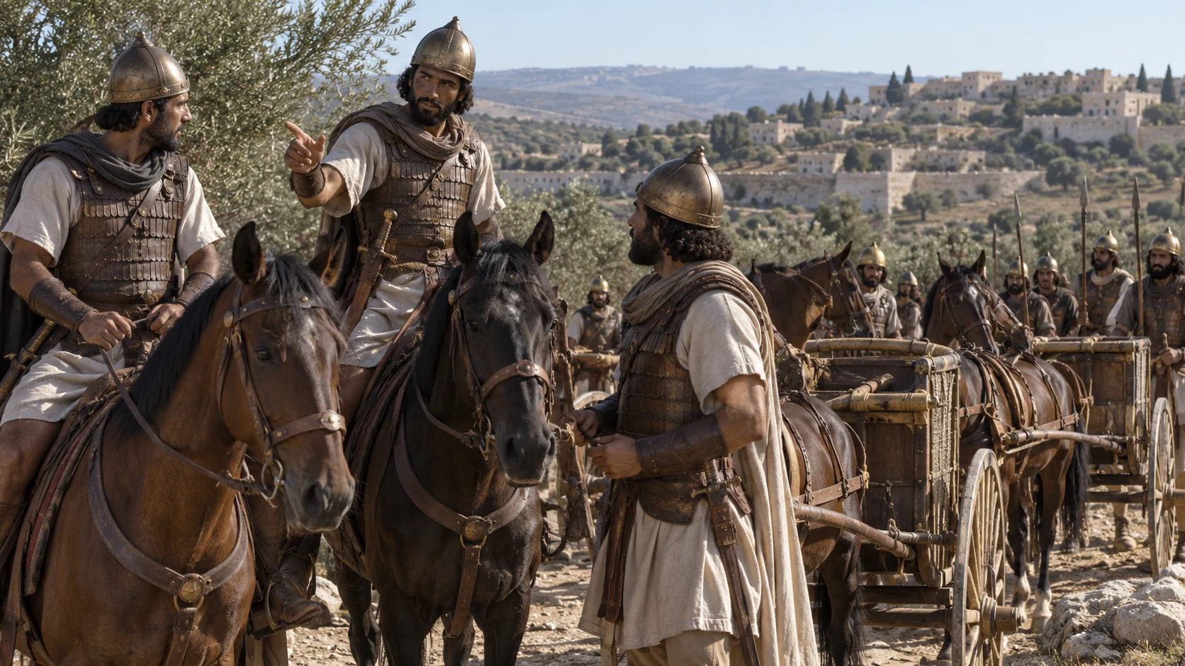 Israelite officers confer beside their horses and chariots.
