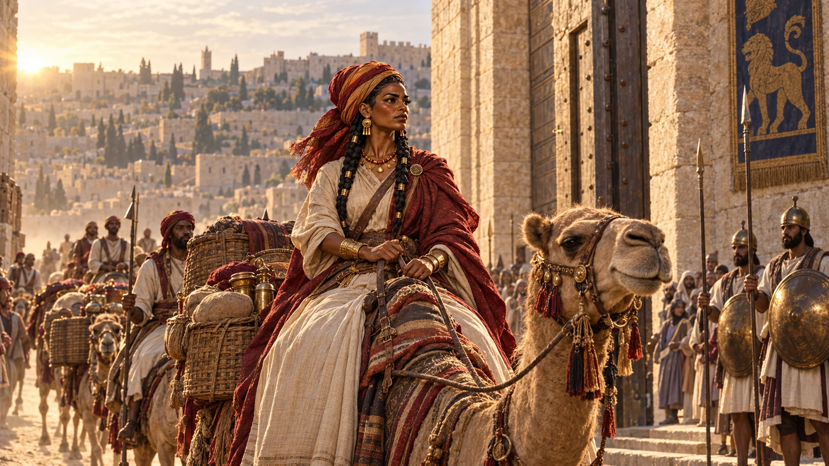 The queen arrives at Jerusalem with her caravan and gifts.