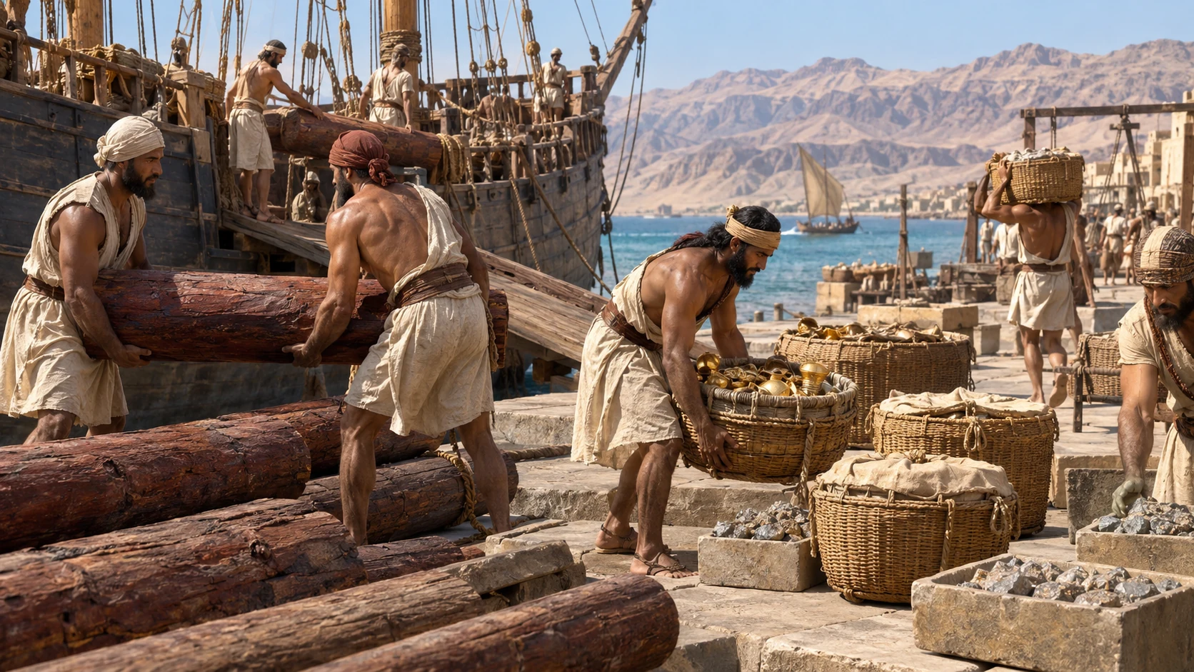 Sailors unload gold, timber, and stones brought from Ophir.