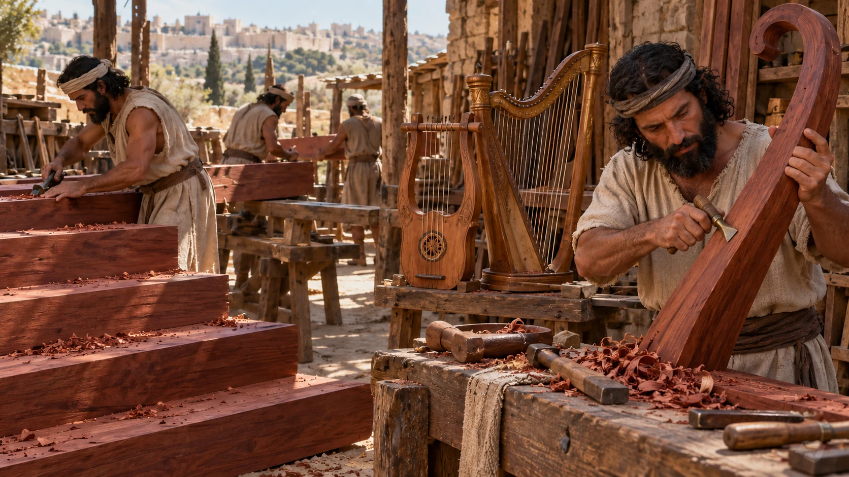 Woodworkers shape steps and musical instruments from the imported timber.