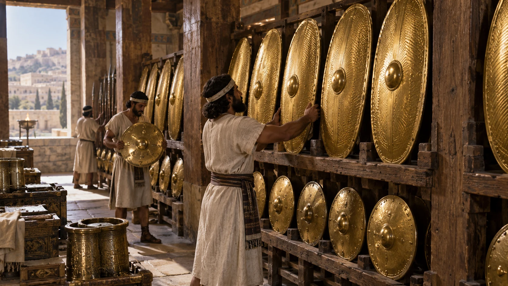 Attendants arrange large and small gold shields in the cedar hall.