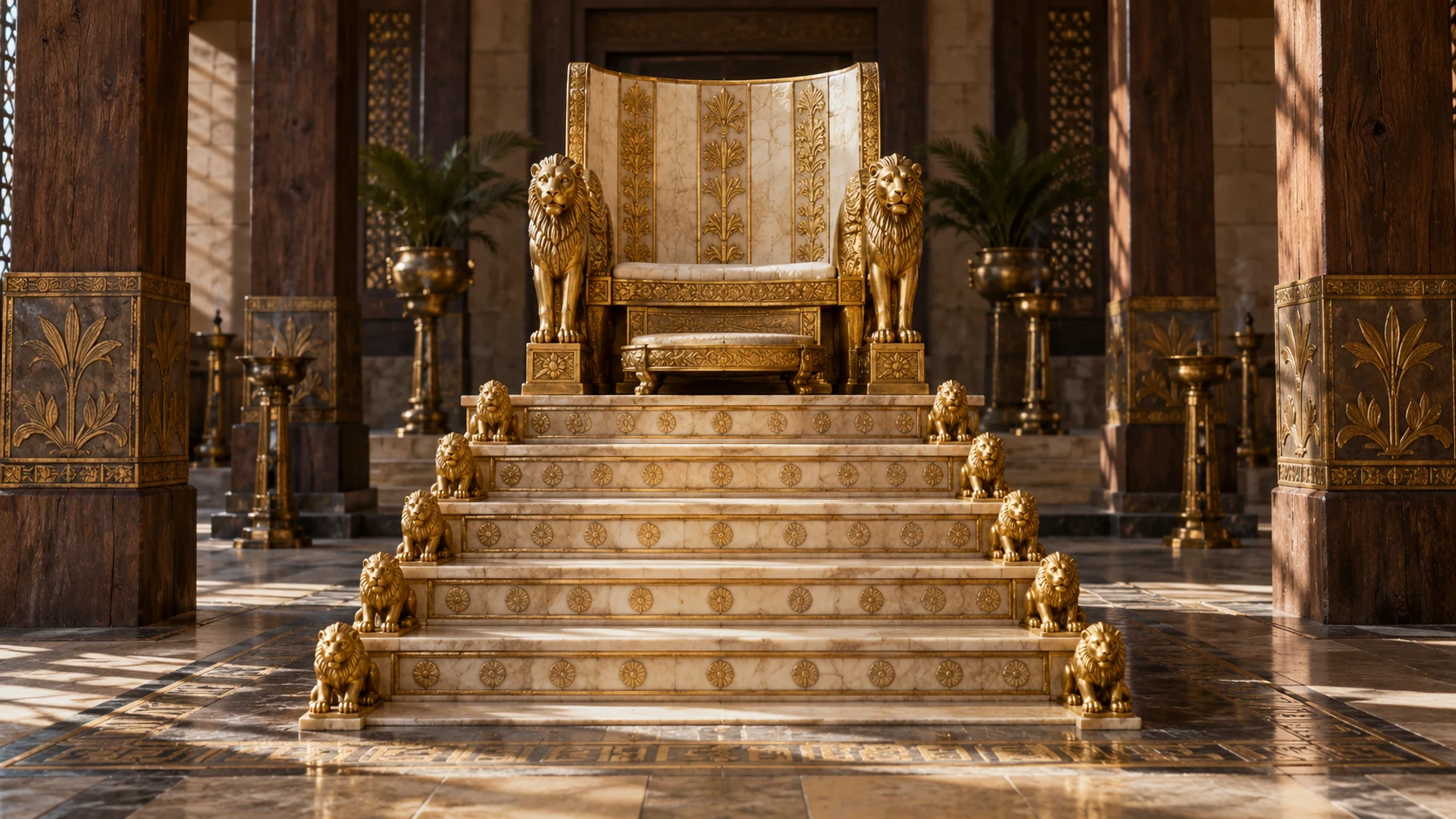 The ivory-and-gold throne rises above six steps, each flanked by lion figures.