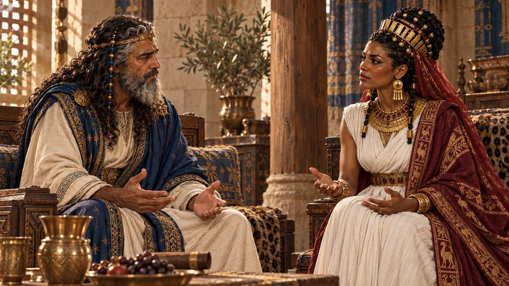 The queen brings her questions before Solomon, who explains every matter.