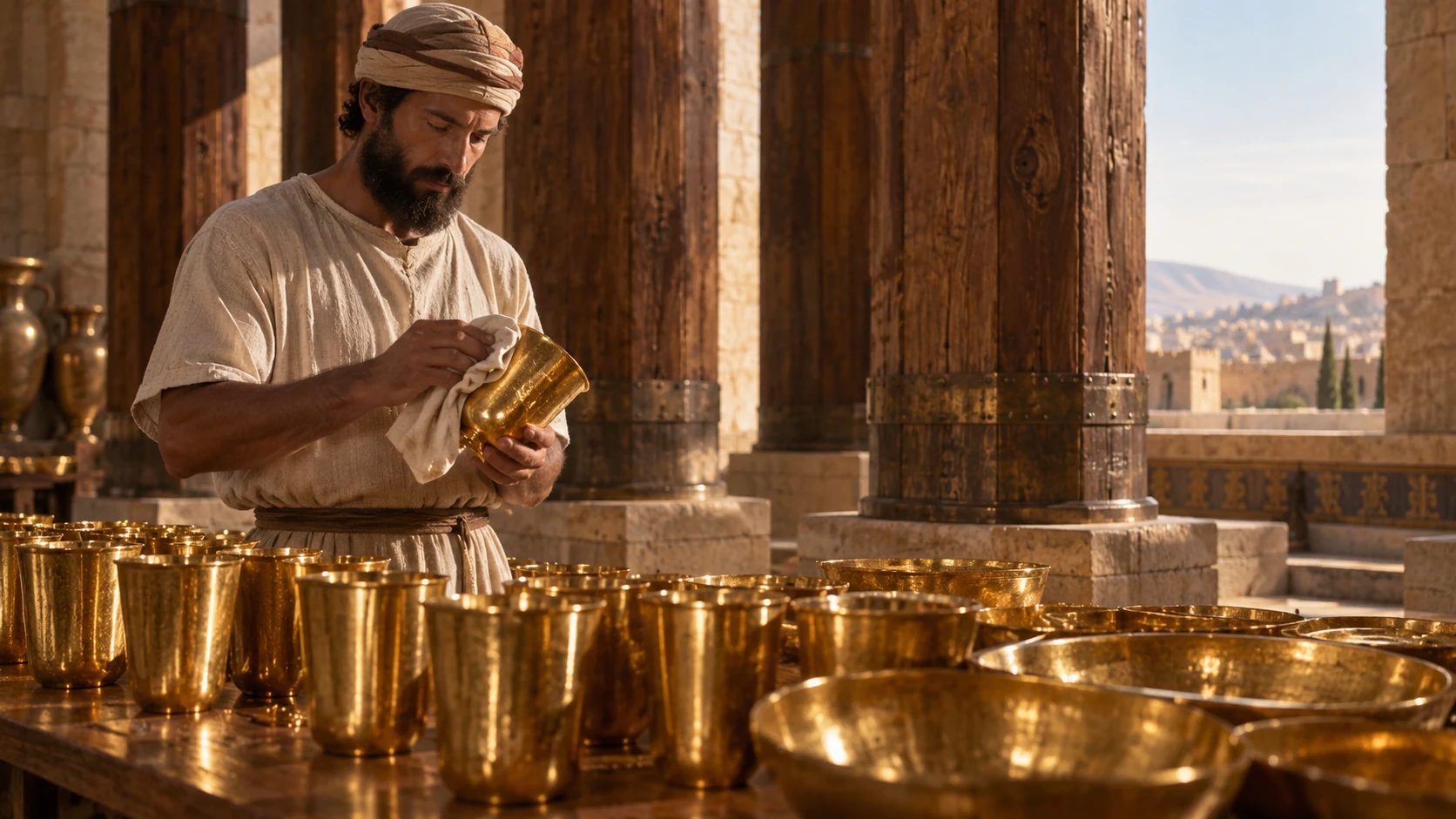 A steward polishes one of the palace’s gold vessels.