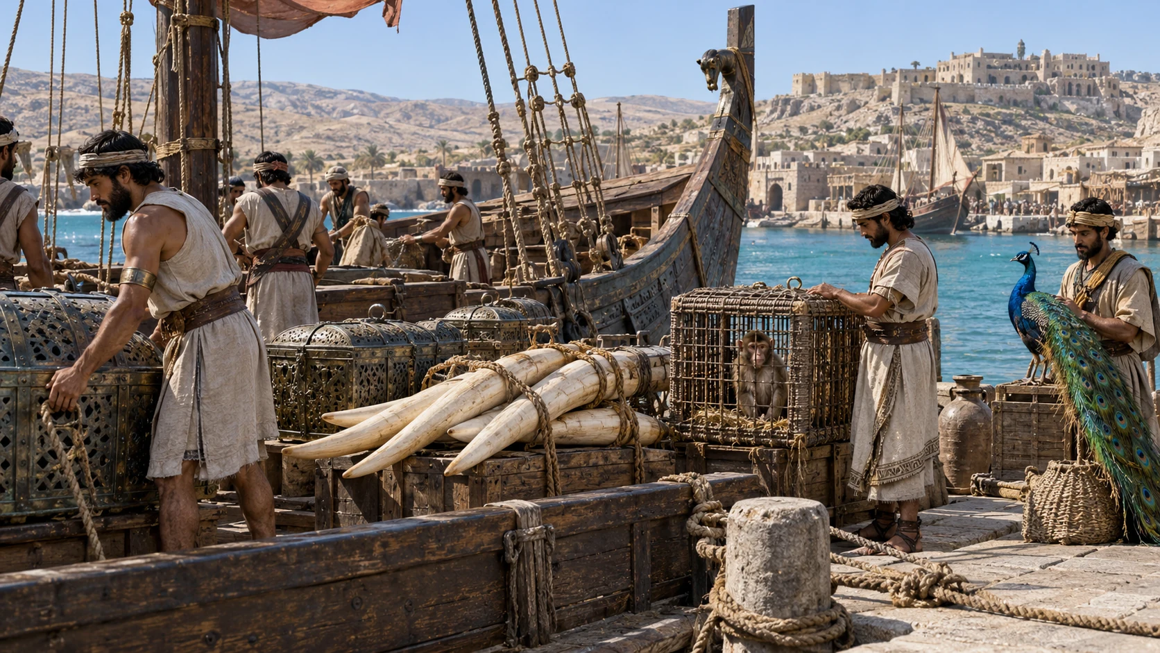Sailors tend the returning ship’s cargo, including ivory, an ape, and a peacock.