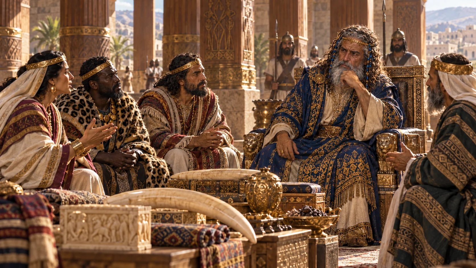 Visiting rulers gather around Solomon to hear his wisdom.
