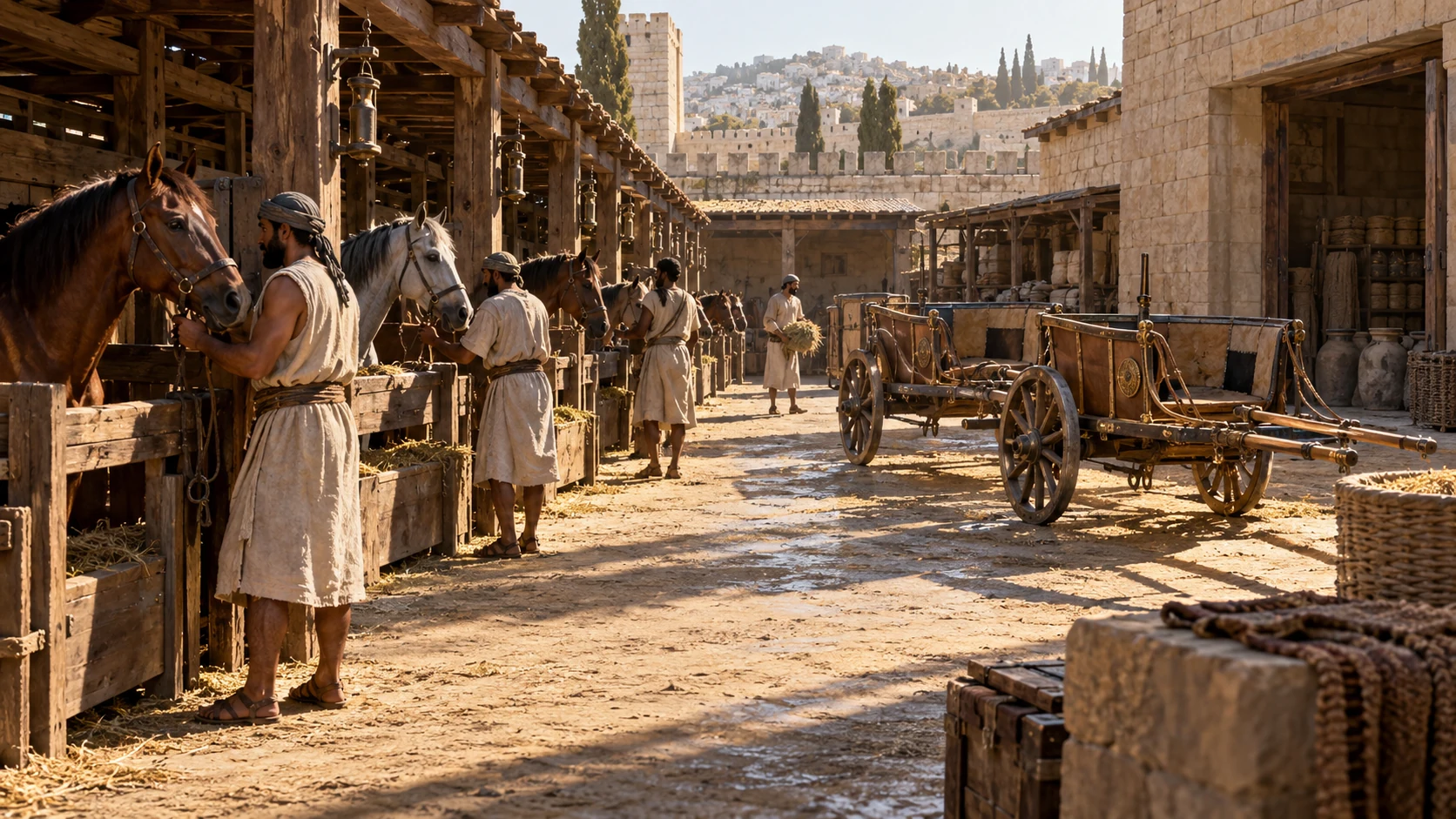Horse keepers work among royal stables and chariots.