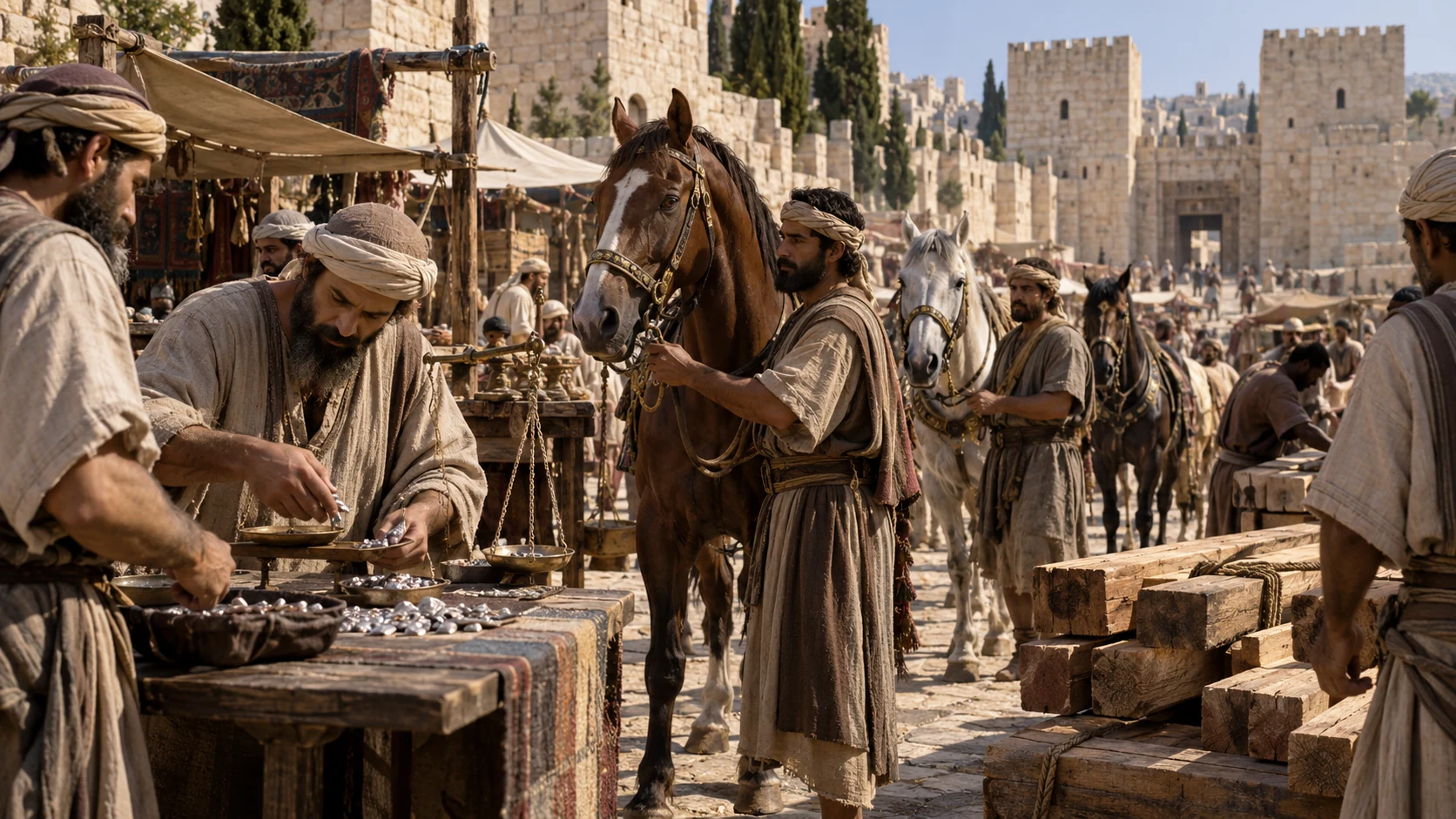 Horse traders and merchants receive timber and silver at the city’s edge.