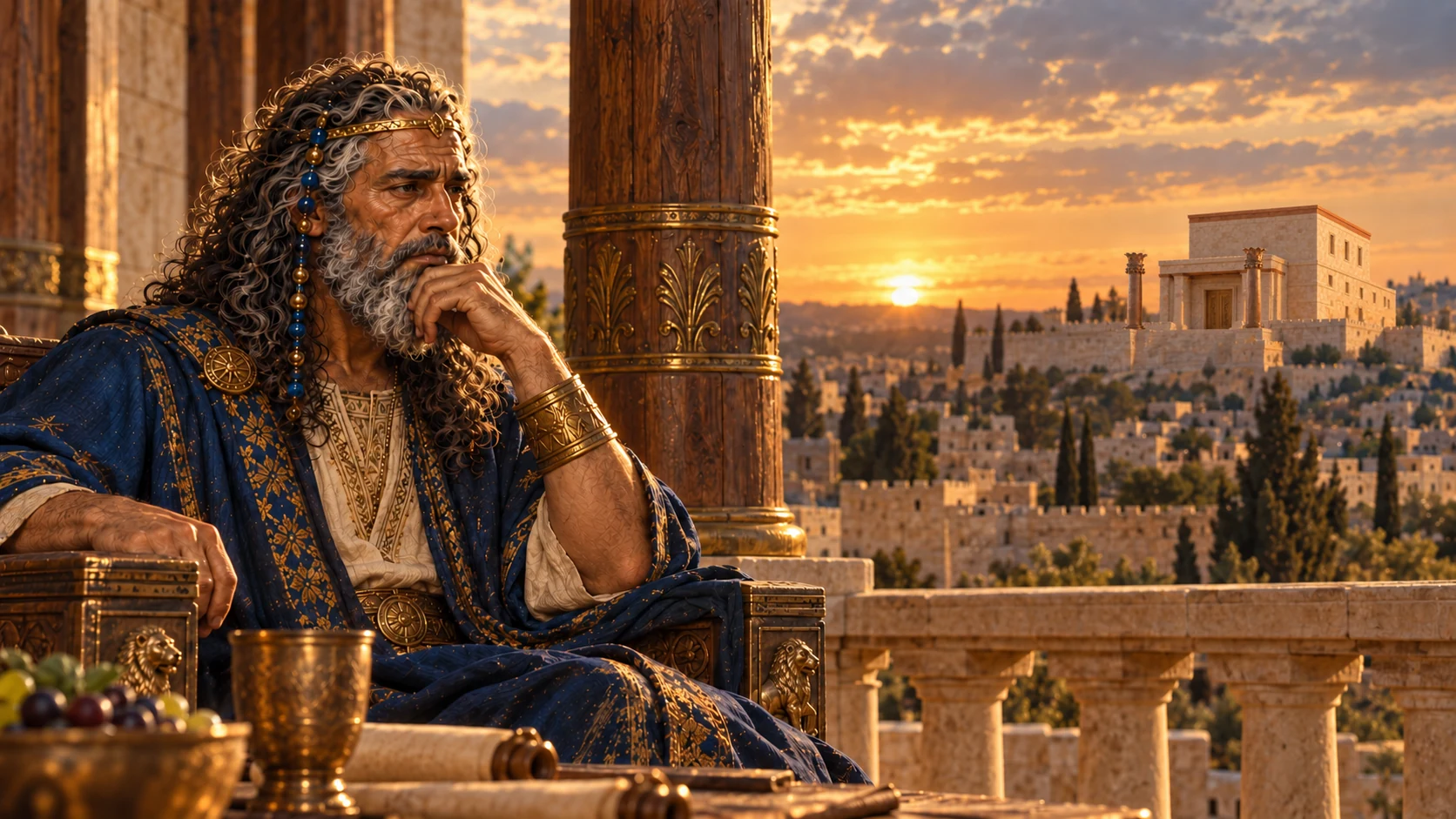 The elderly king sits above Jerusalem after forty years of rule.