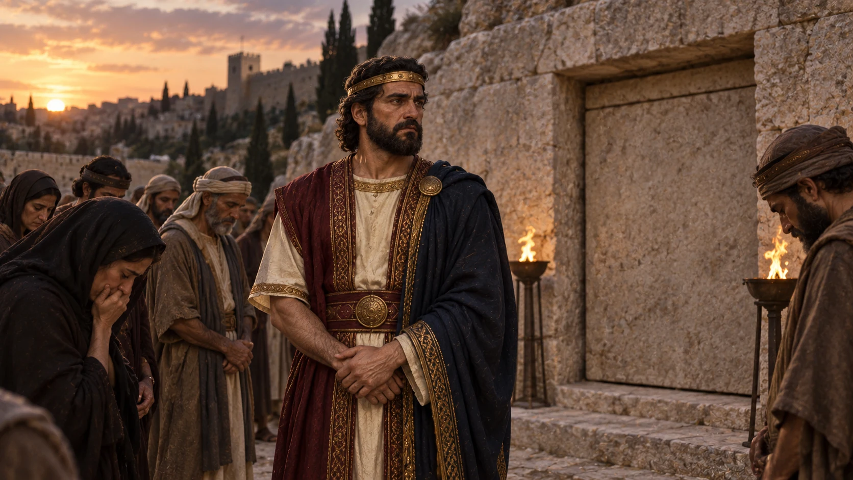 Rehoboam stands with mourners after Solomon’s burial, as the kingdom passes to him.