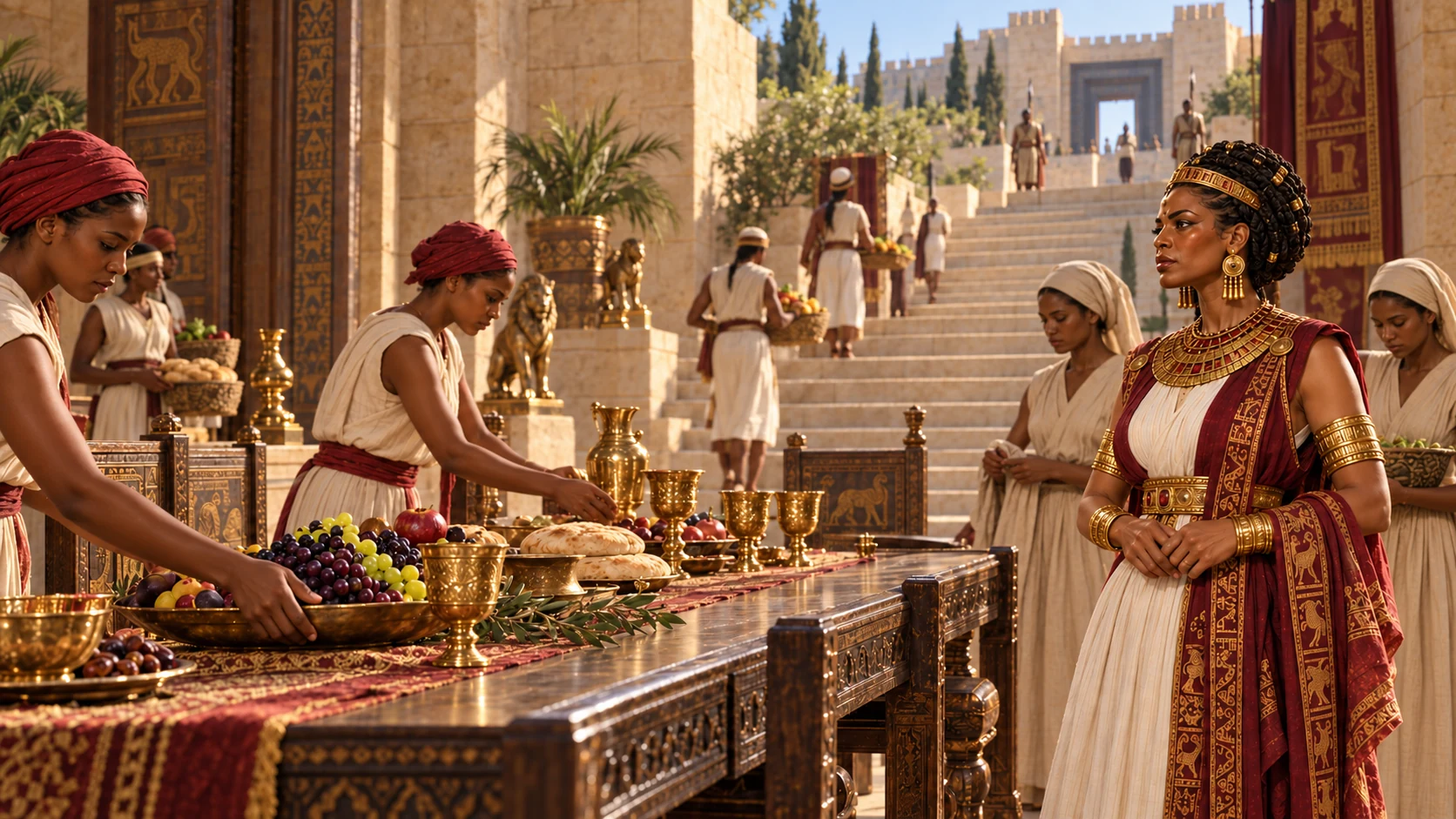 The queen observes food, servants, and the ascent from the ordered court.