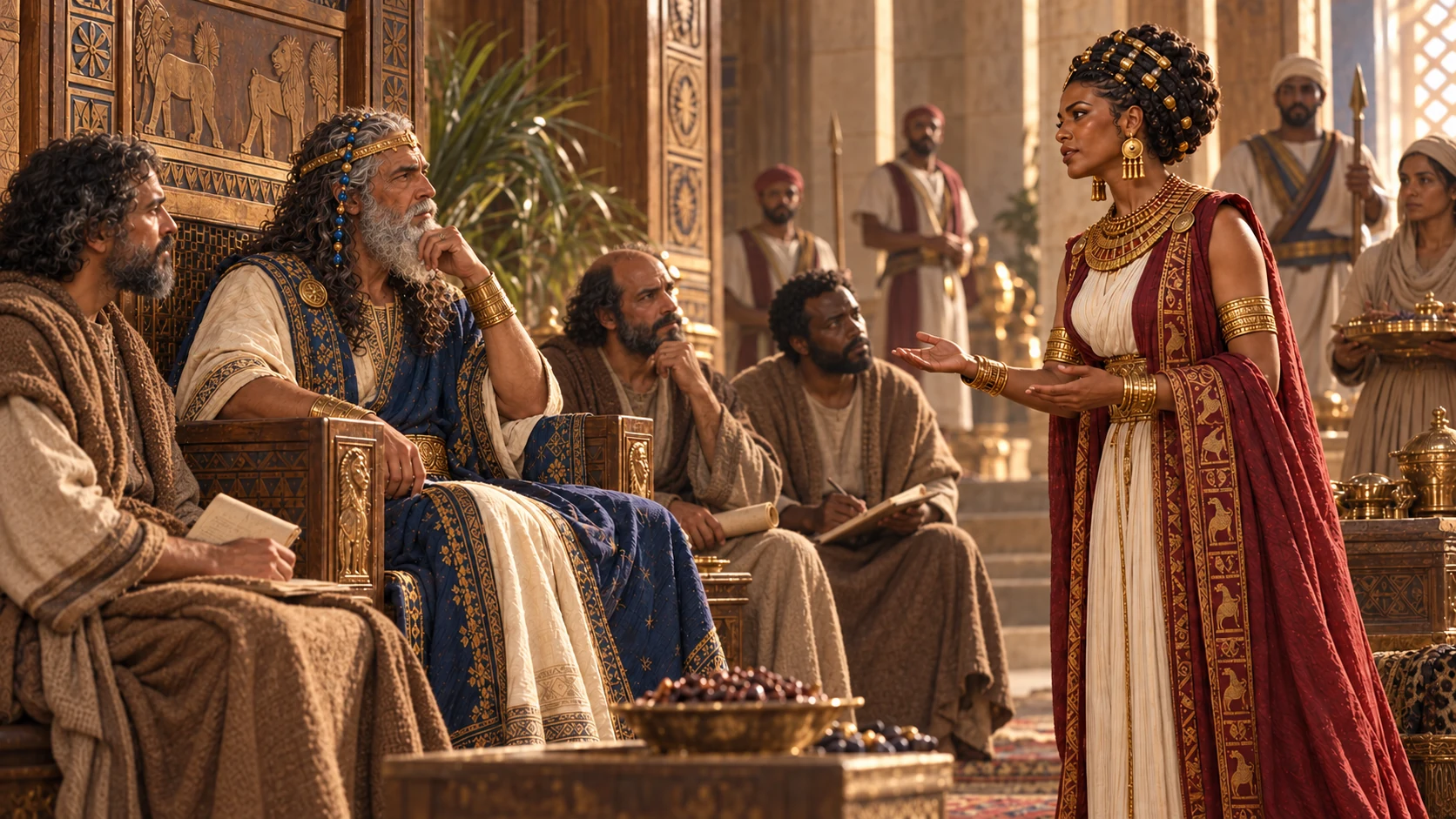 She praises the wisdom heard by Solomon’s servants and the God who chose him to rule.