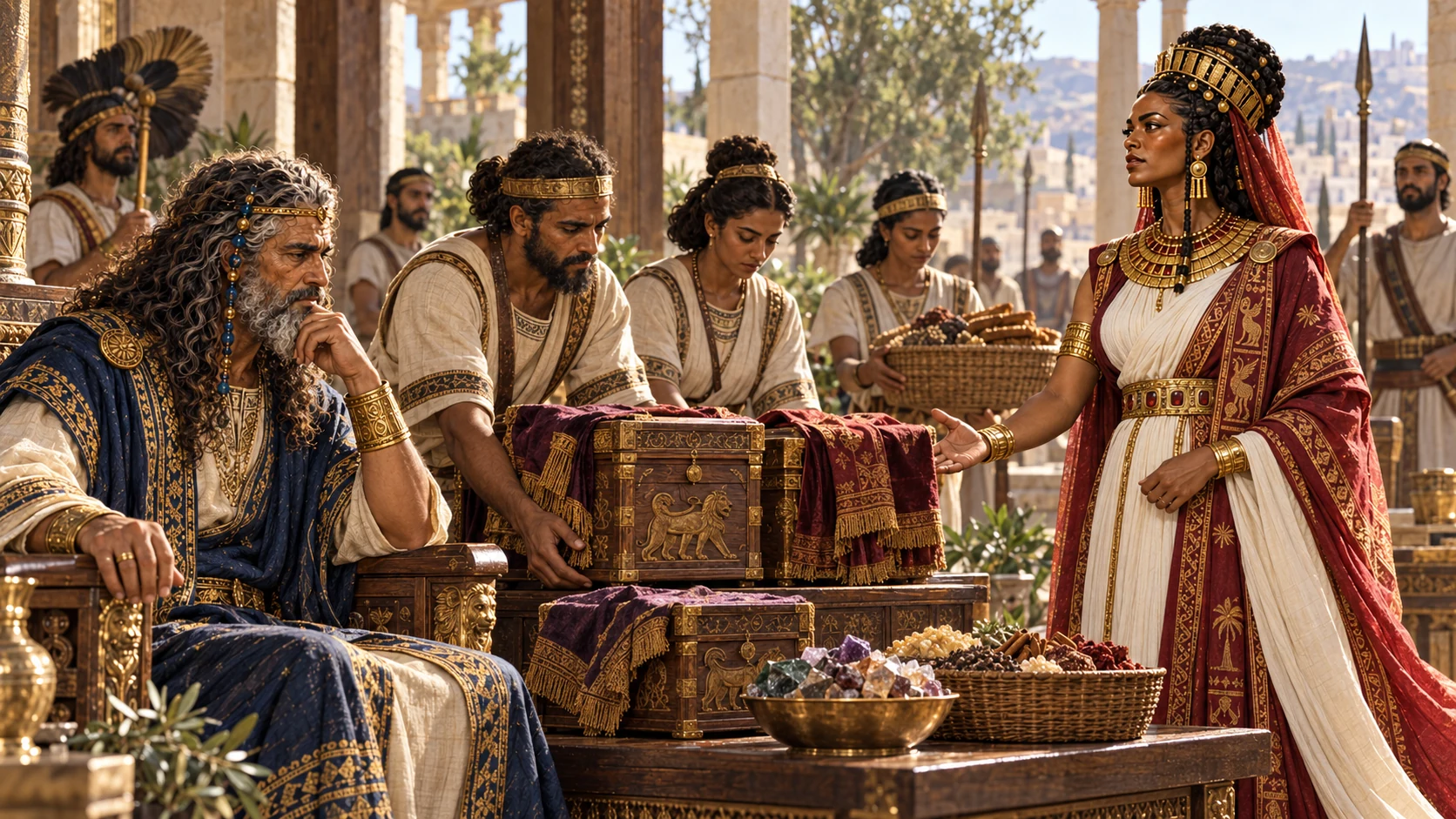The queen presents gifts of gold, spices, and precious stones.
